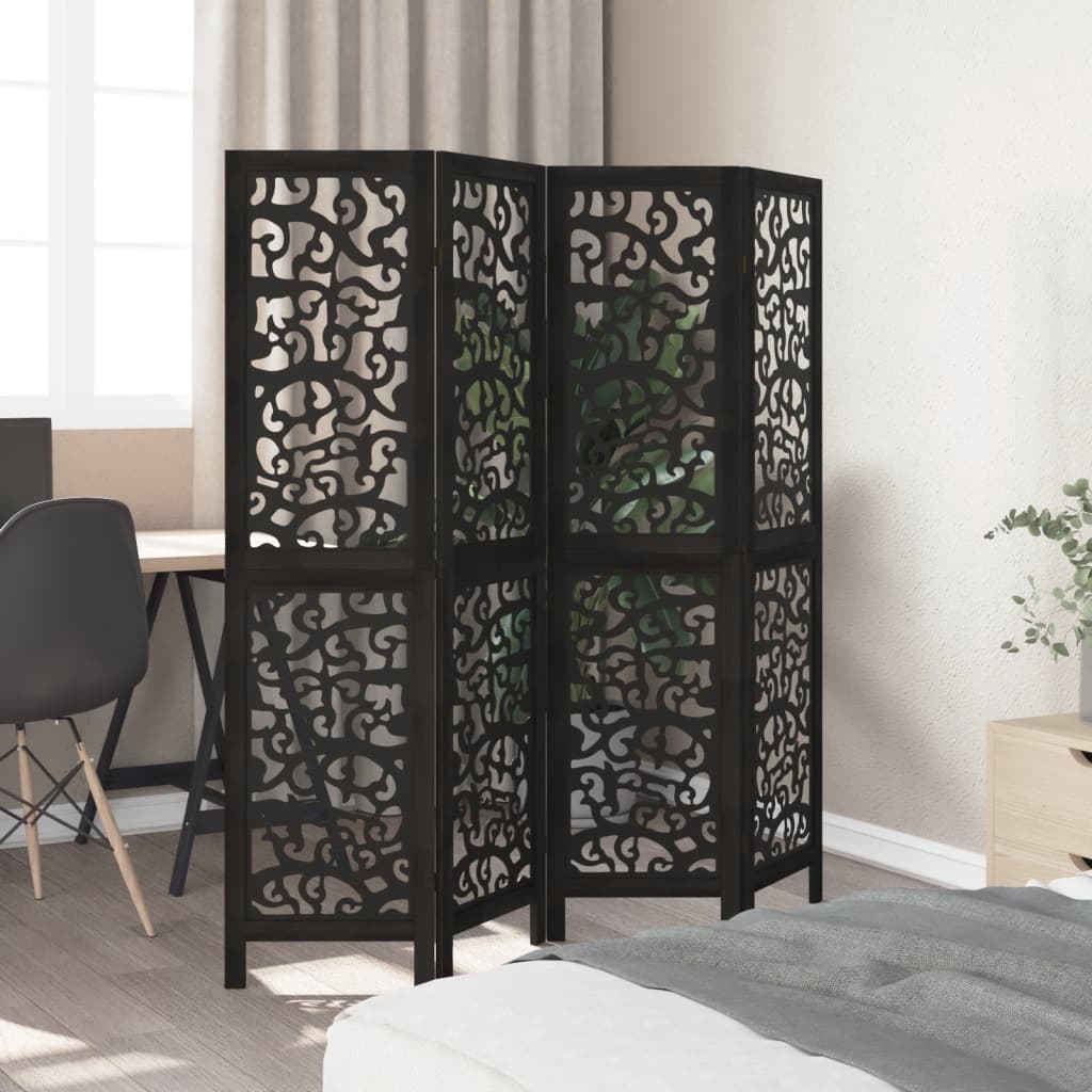 Room Divider 4 Panels Black Solid Wood Paulownia
