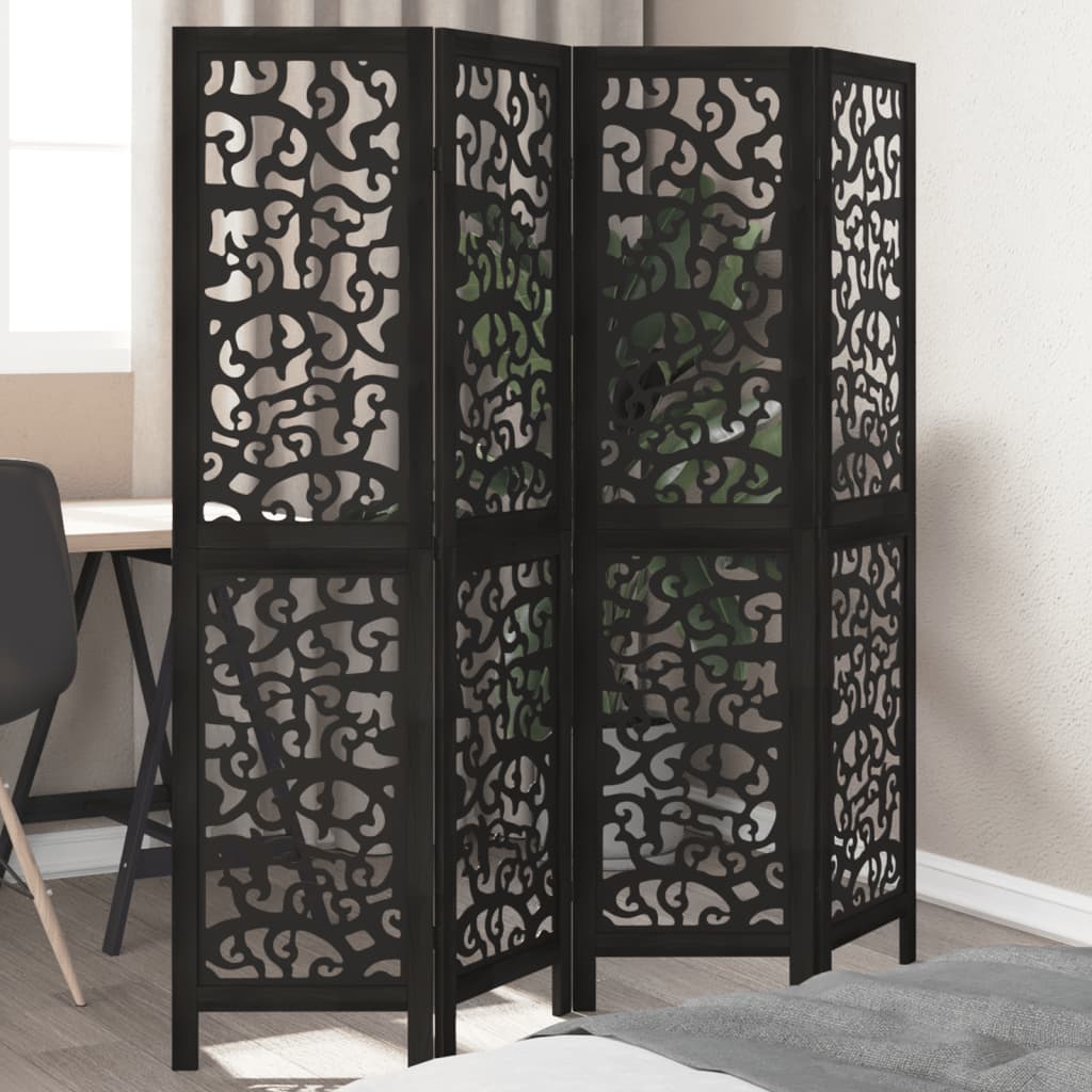 Room Divider 4 Panels Black Solid Wood Paulownia