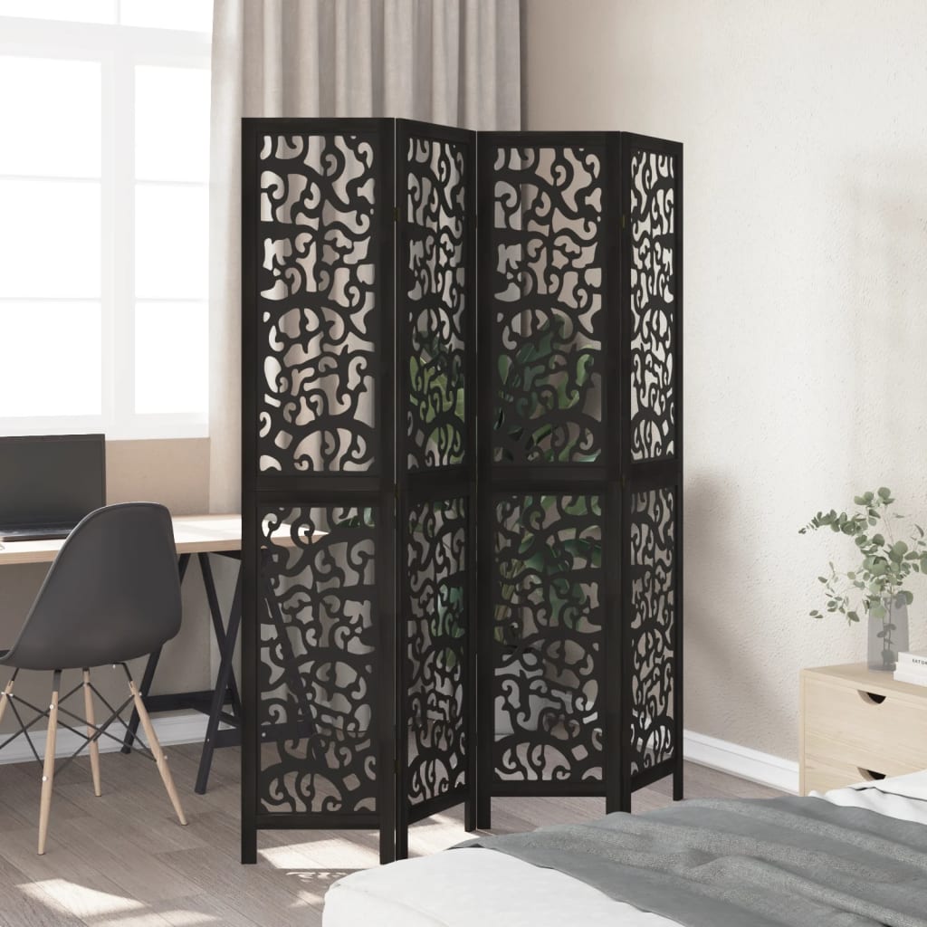 Room Divider 4 Panels Black Solid Wood Paulownia