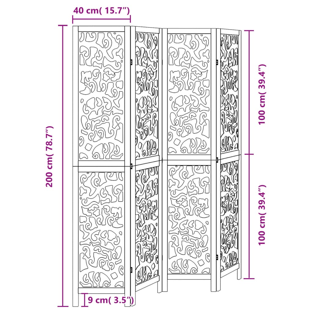 Room Divider 4 Panels Black Solid Wood Paulownia