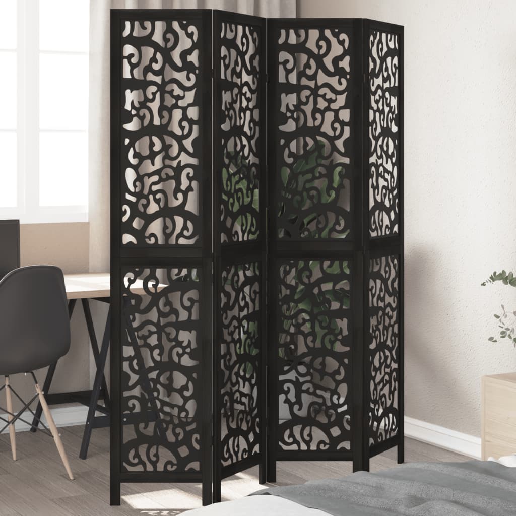 Room Divider 4 Panels Black Solid Wood Paulownia