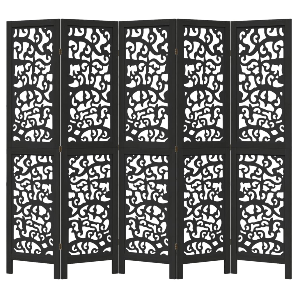Room Divider 5 Panels Black Solid Wood Paulownia