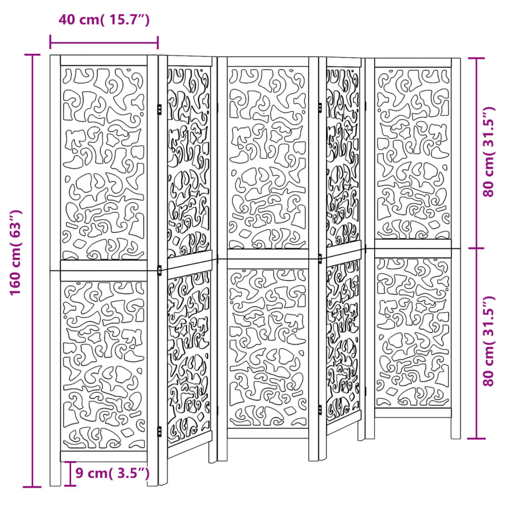 Room Divider 5 Panels Black Solid Wood Paulownia