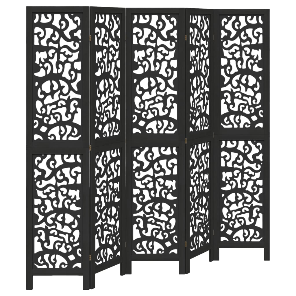 Room Divider 5 Panels Black Solid Wood Paulownia