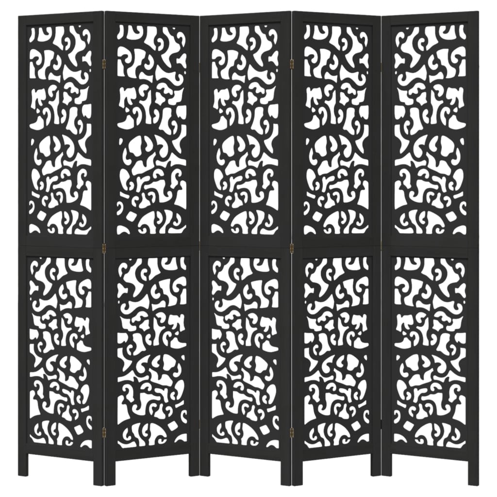 Room Divider 5 Panels Black Solid Wood Paulownia