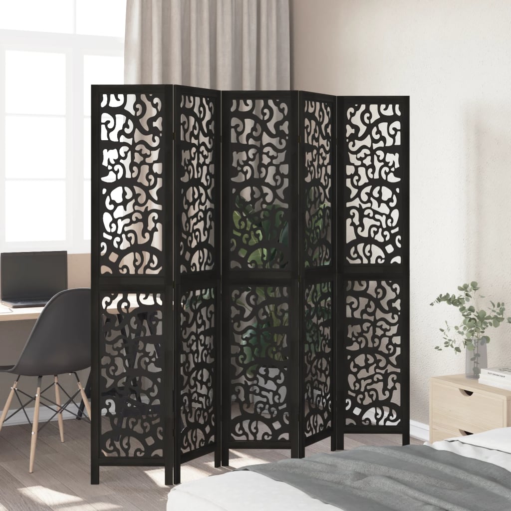 Room Divider 5 Panels Black Solid Wood Paulownia