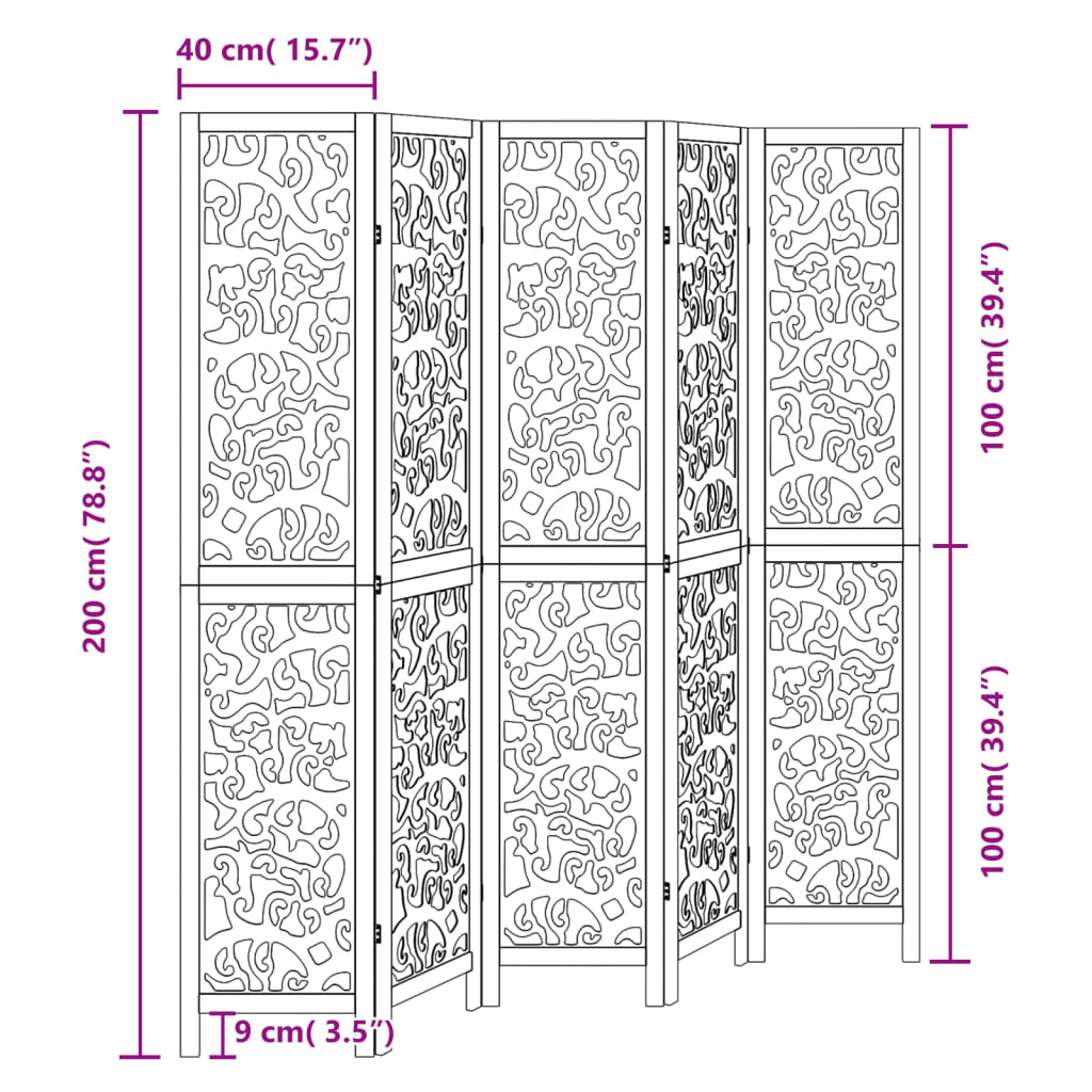 Room Divider 5 Panels Black Solid Wood Paulownia