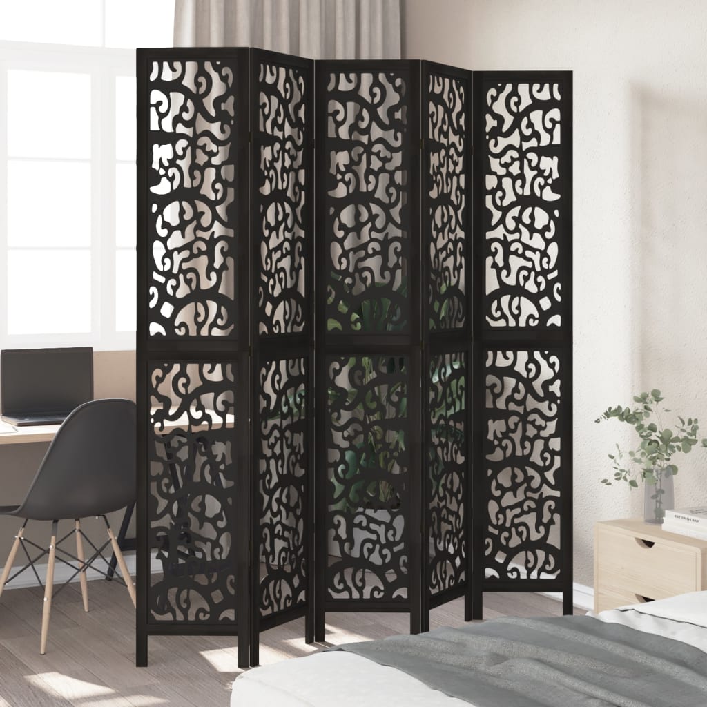 Room Divider 5 Panels Black Solid Wood Paulownia