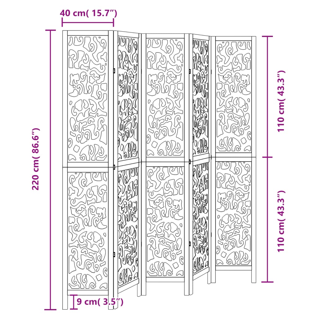 Room Divider 5 Panels Black Solid Wood Paulownia