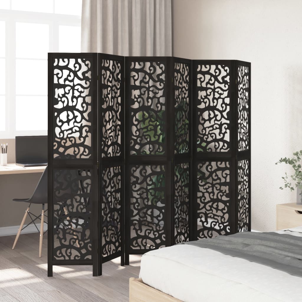 Room Divider 6 Panels Black Solid Wood Paulownia