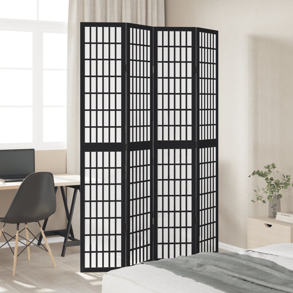 Room Divider 4 Panels Black Solid Wood Paulownia