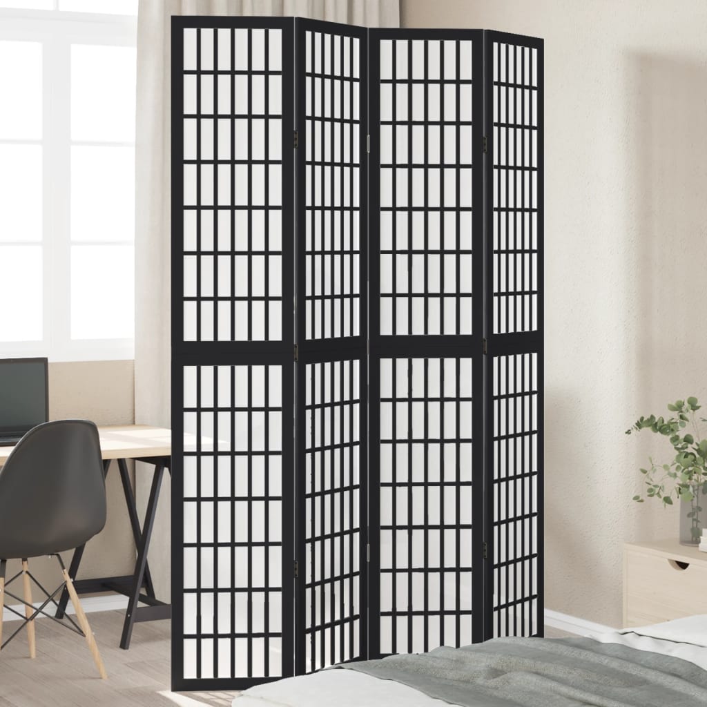 Room Divider 4 Panels Black Solid Wood Paulownia