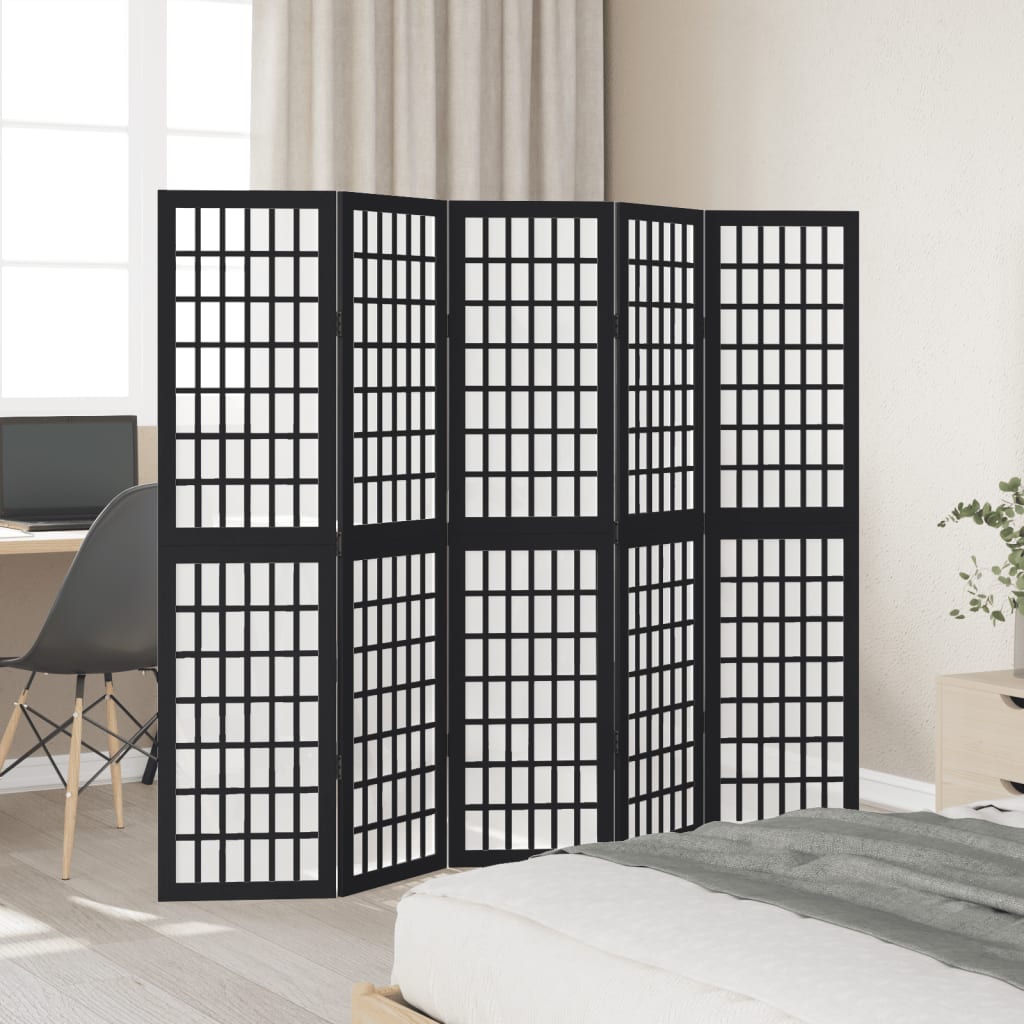Room Divider 5 Panels Black Solid Wood Paulownia