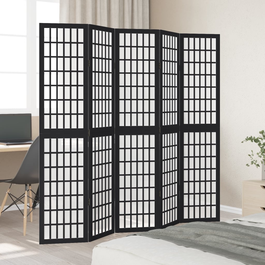Room Divider 5 Panels Black Solid Wood Paulownia