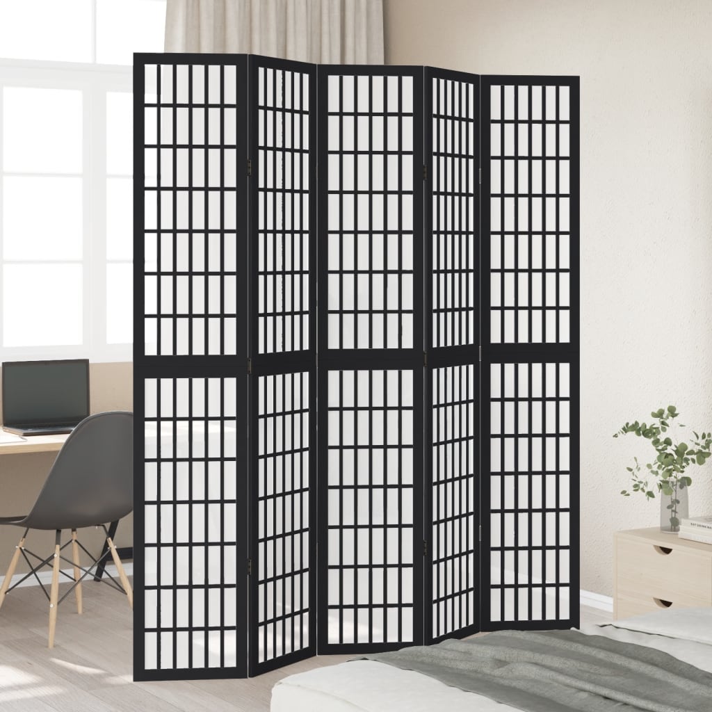 Room Divider 5 Panels Black Solid Wood Paulownia