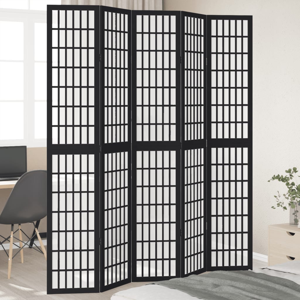 Room Divider 5 Panels Black Solid Wood Paulownia