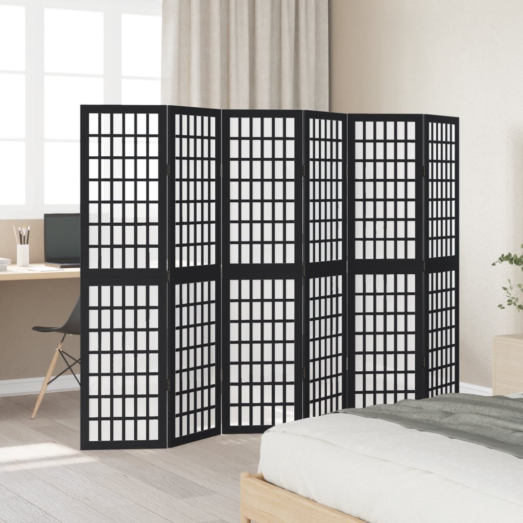 Room Divider 6 Panels Black Solid Wood Paulownia