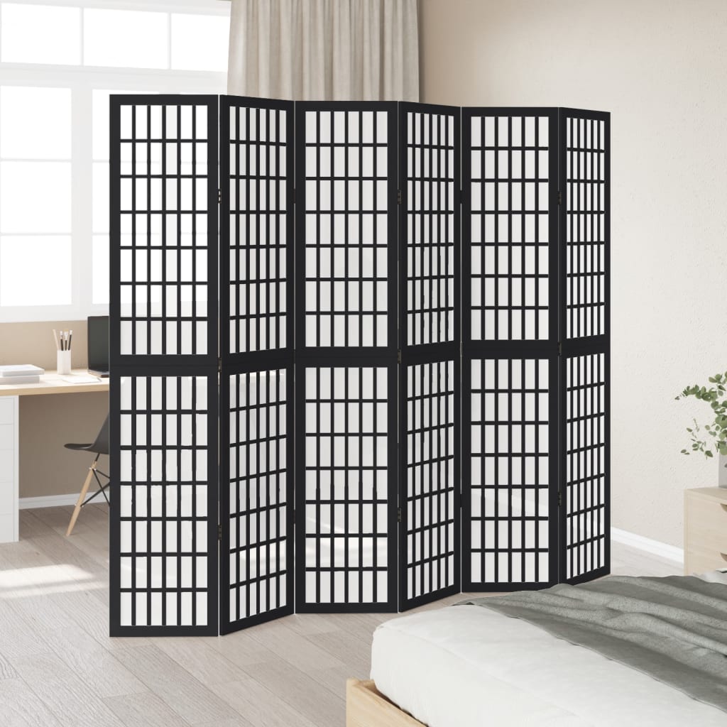 Room Divider 6 Panels Black Solid Wood Paulownia
