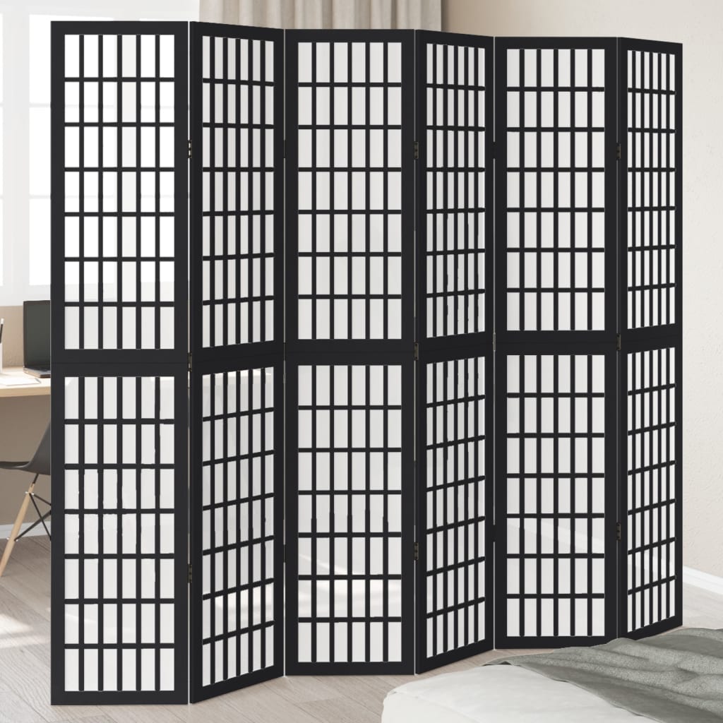 Room Divider 6 Panels Black Solid Wood Paulownia