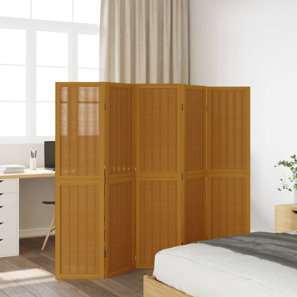 Room Divider 5 Panels Brown Solid Wood Paulownia