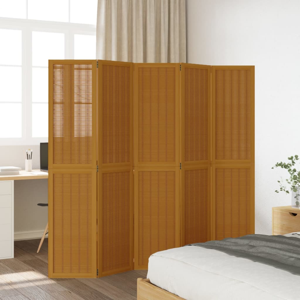 Room Divider 5 Panels Brown Solid Wood Paulownia