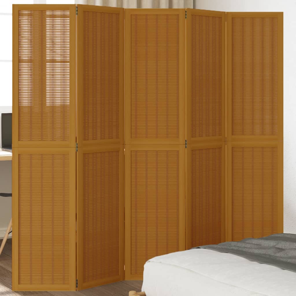 Room Divider 5 Panels Brown Solid Wood Paulownia