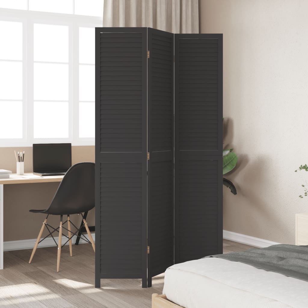 Room Divider 3 Panels Black Solid Wood Paulownia