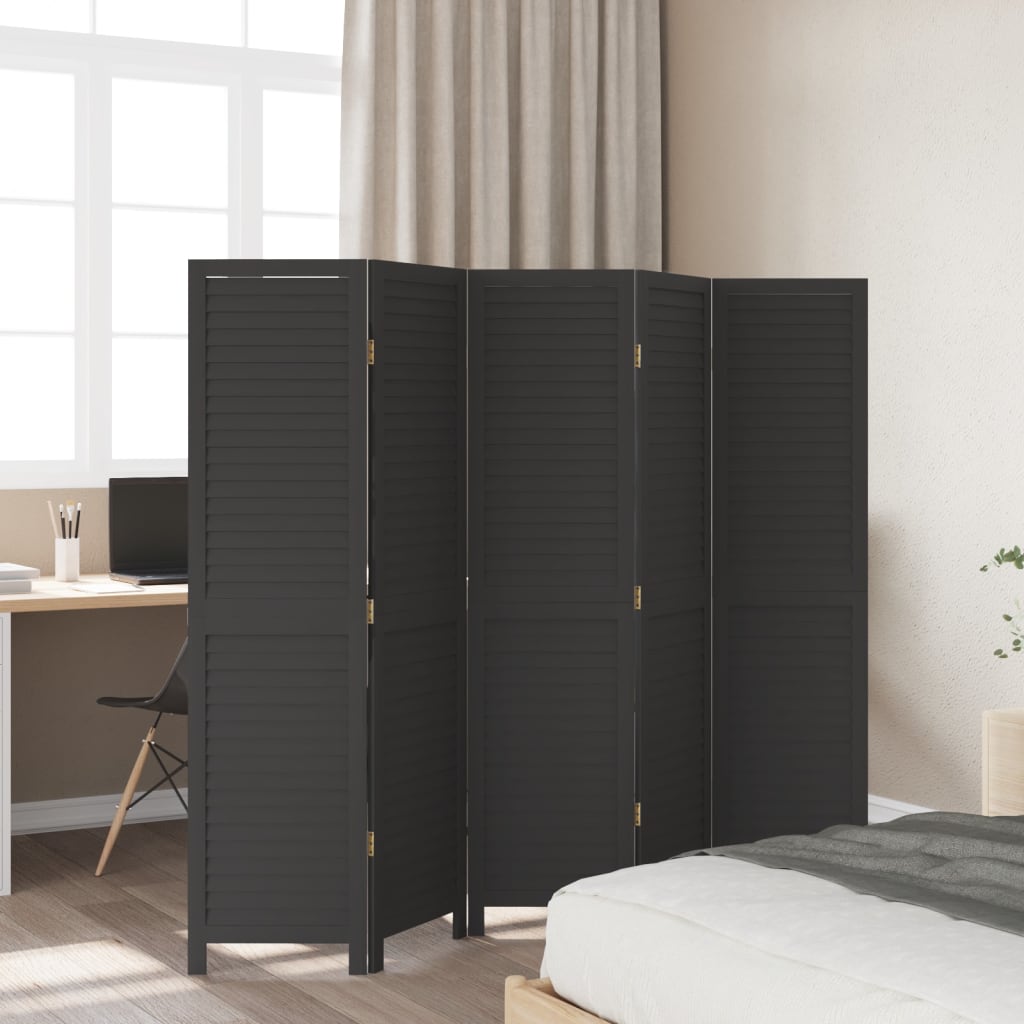 Room Divider 5 Panels Black Solid Wood Paulownia