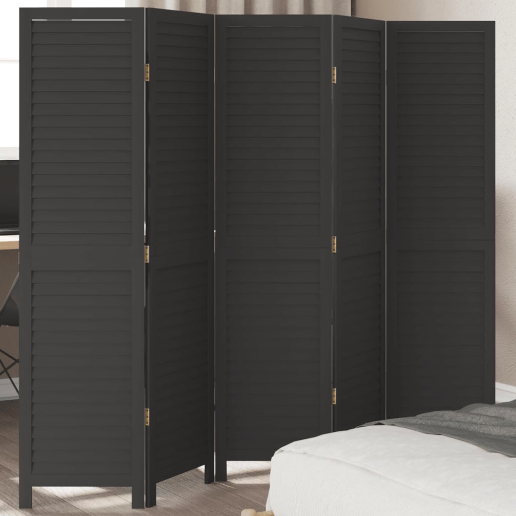 Room Divider 5 Panels Black Solid Wood Paulownia