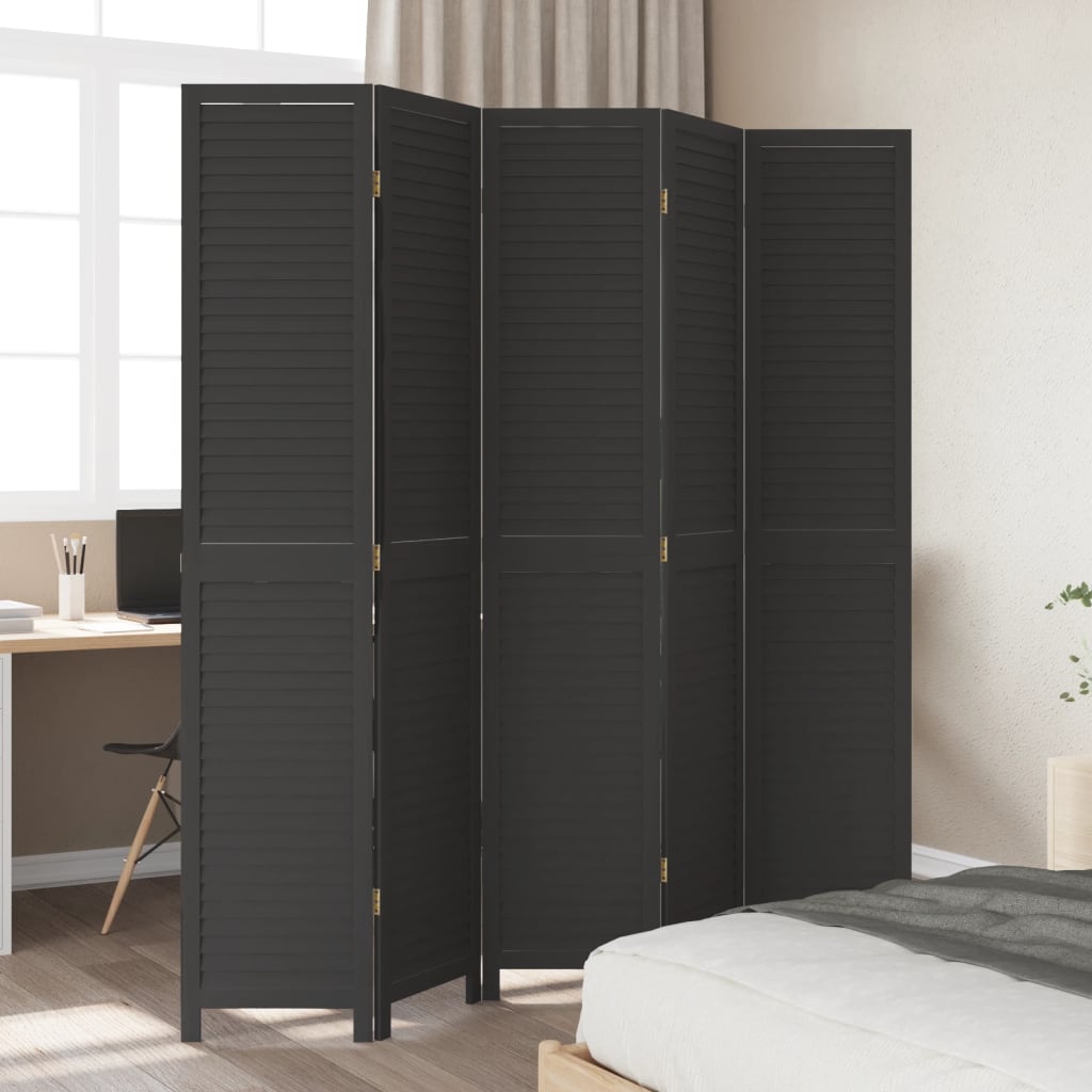 Room Divider 5 Panels Black Solid Wood Paulownia
