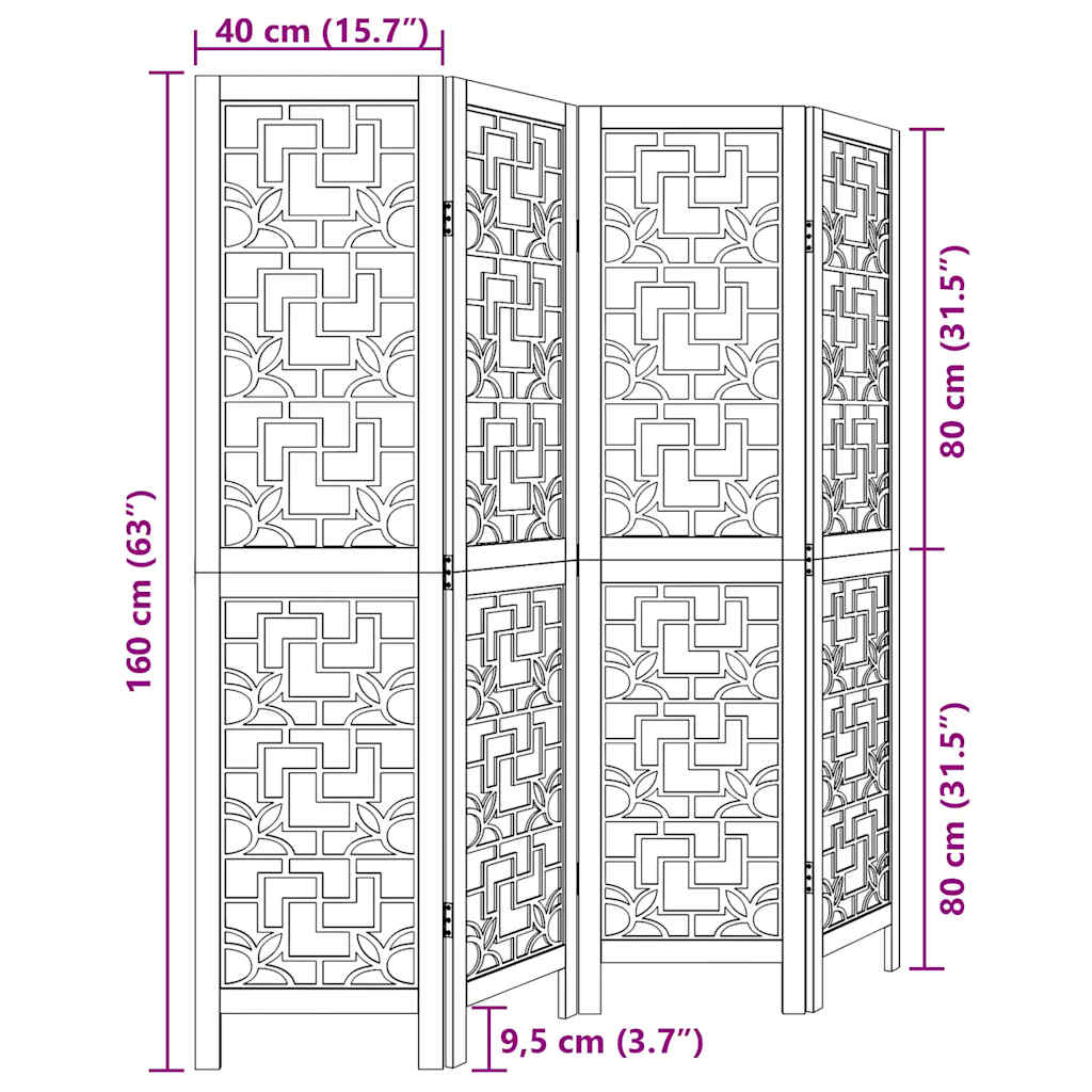 Room Divider 4 Panels Brown Solid Wood Paulownia