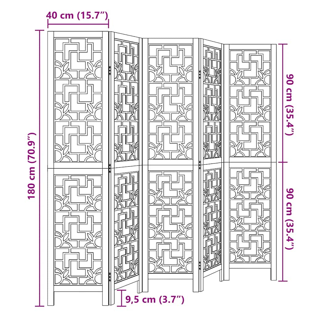 Room Divider 5 Panels Brown Solid Wood Paulownia