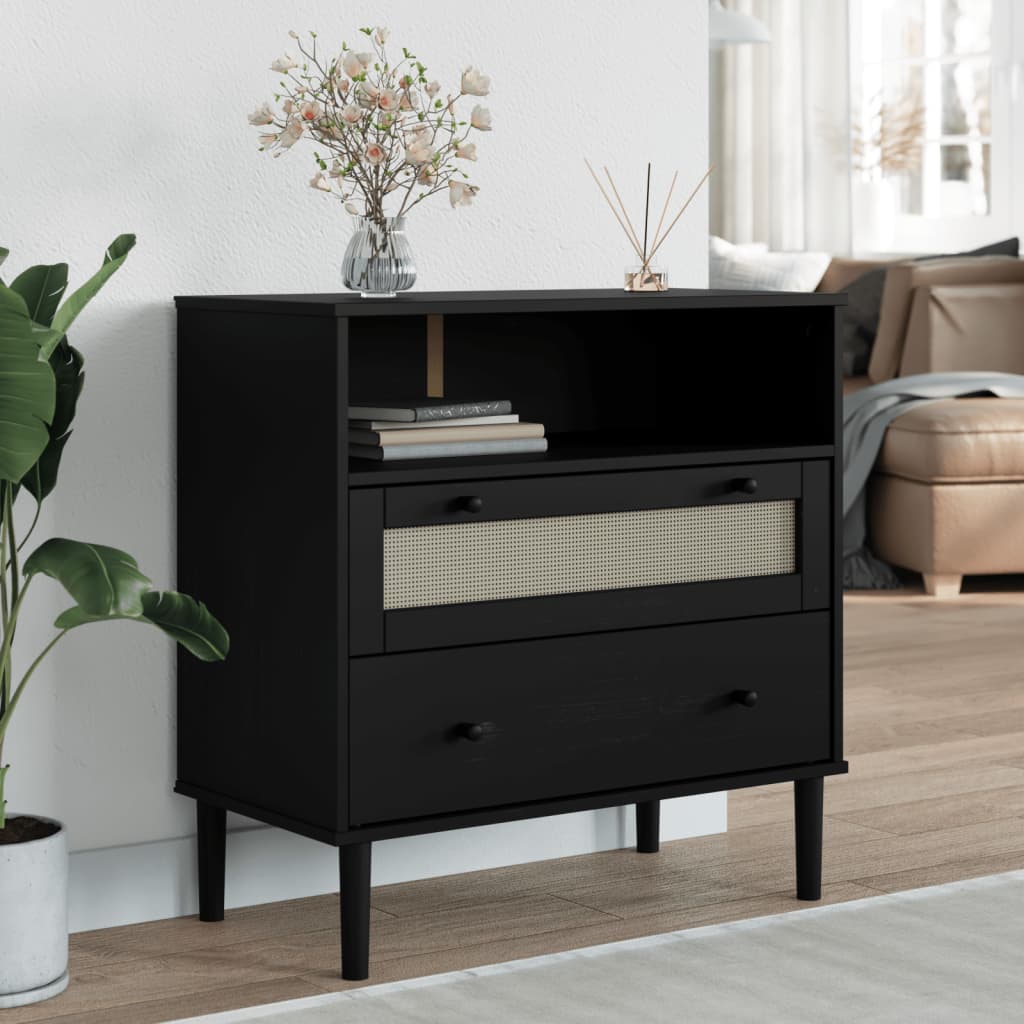 Sideboard SENJA Rattan Look Black 80x40x80 cm Solid Wood Pine