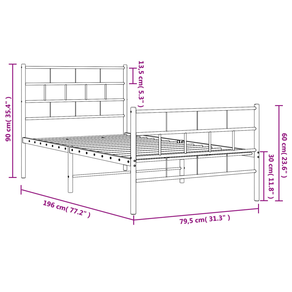 Metal Bed Frame without Mattress with Footboard Black 75x190cm