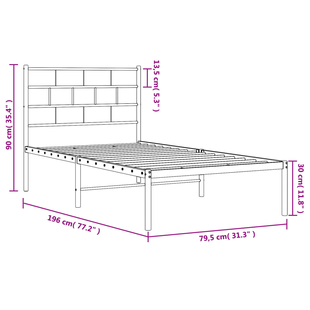 Metal Bed Frame without Mattress with Headboard White 75x190cm