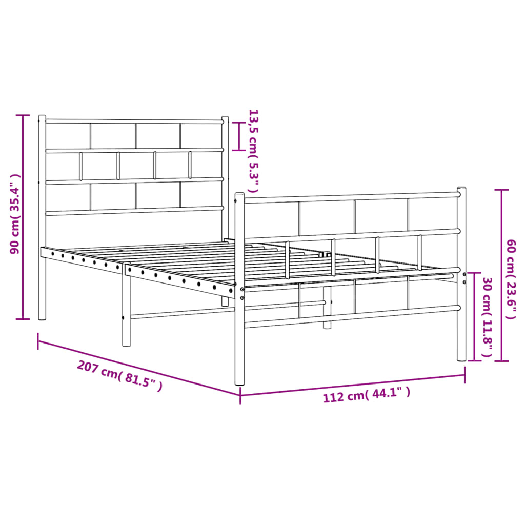 Metal Bed Frame without Mattress with Footboard White 107x203cm