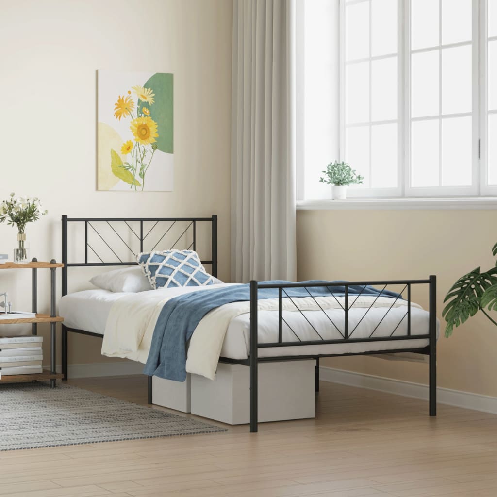 Metal Bed Frame without Mattress with Footboard Black 107x203cm
