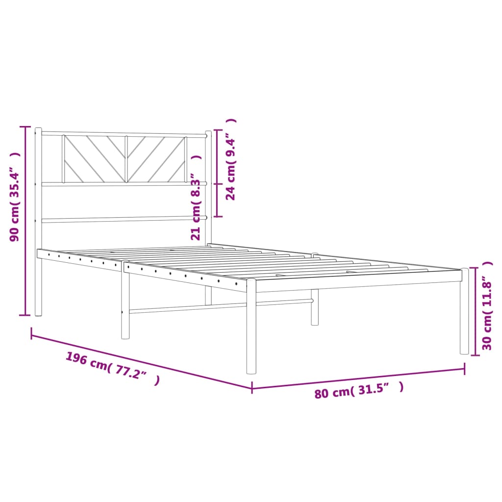 Metal Bed Frame without Mattress with Headboard White 75x190cm