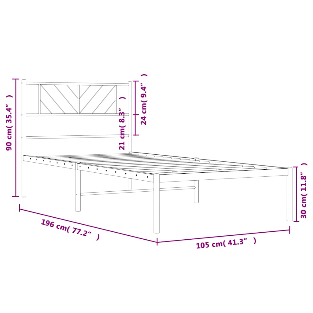 Metal Bed Frame without Mattress with Headboard White 100x190cm