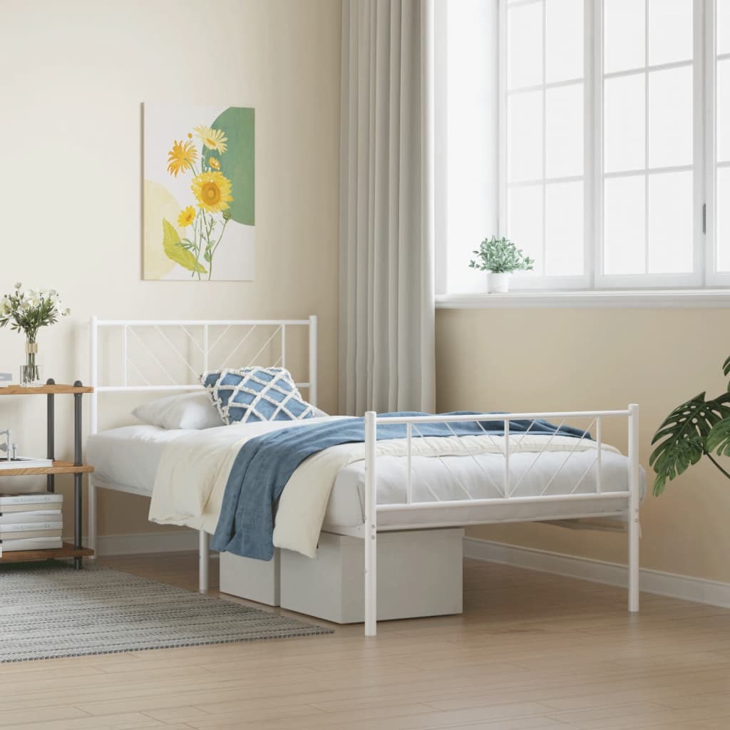 Metal Bed Frame without Mattress with Footboard White 75x190cm