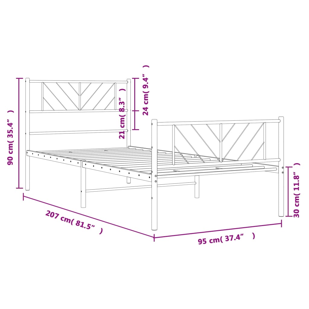 Metal Bed Frame without Mattress with Footboard White 90x200cm