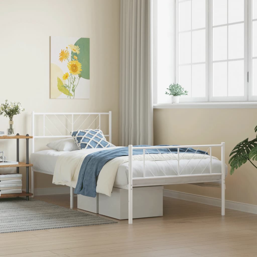 Metal Bed Frame without Mattress with Footboard White 107x203cm