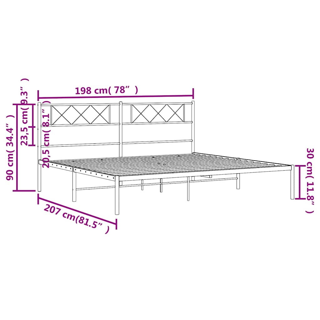 Metal Bed Frame without Mattress with Headboard Black 193x203cm