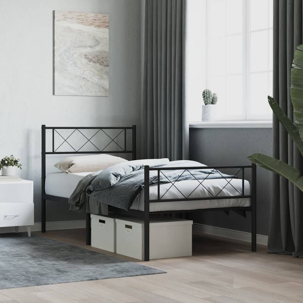 Metal Bed Frame without Mattress with Footboard Black 107x203cm
