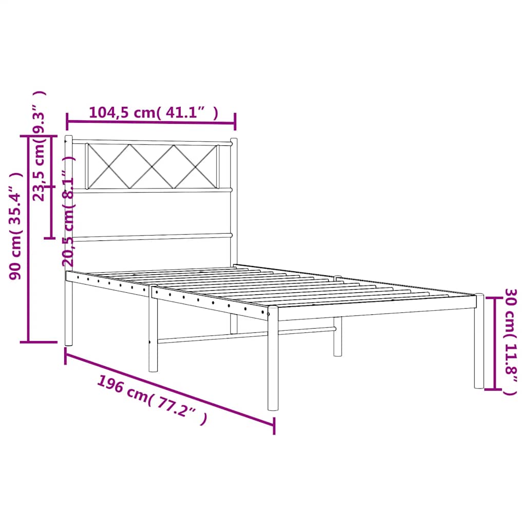 Metal Bed Frame without Mattress with Headboard White 100x190cm
