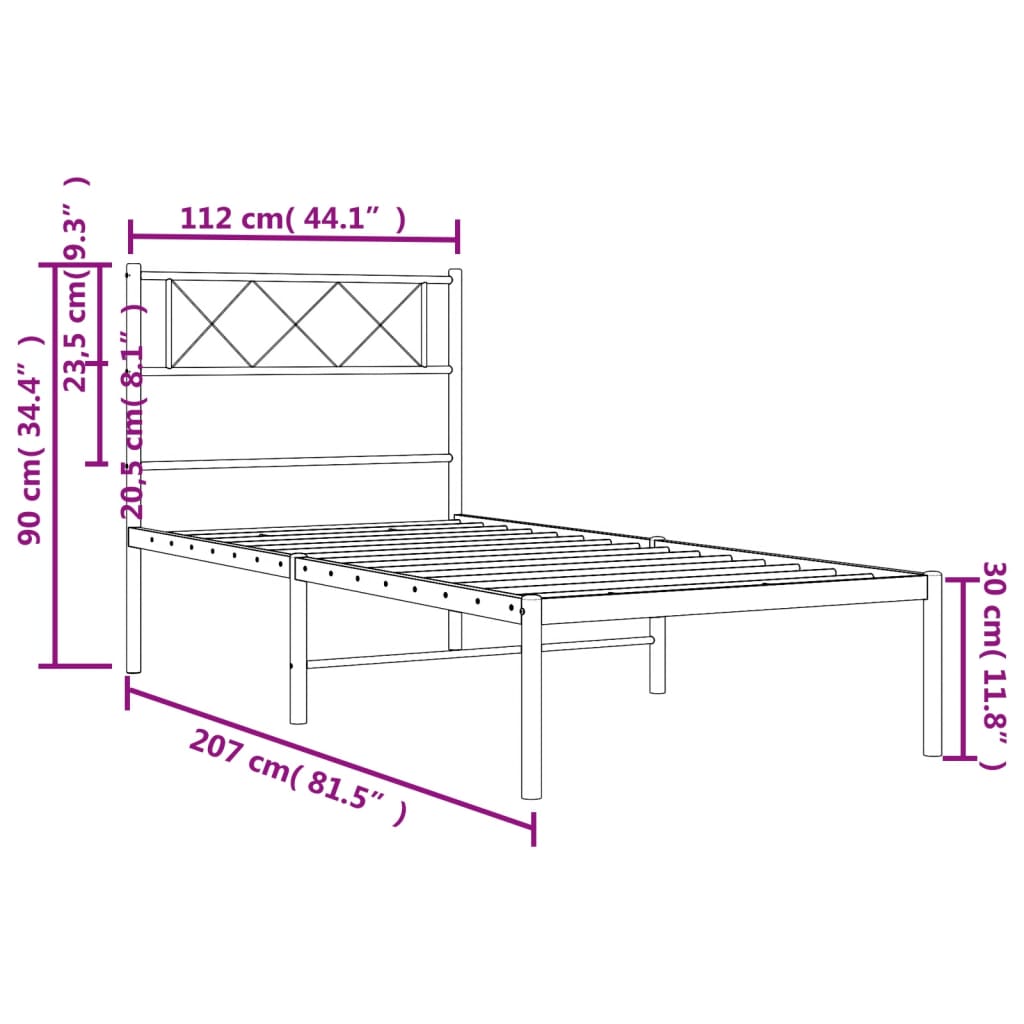 Metal Bed Frame without Mattress with Headboard White 107x203cm