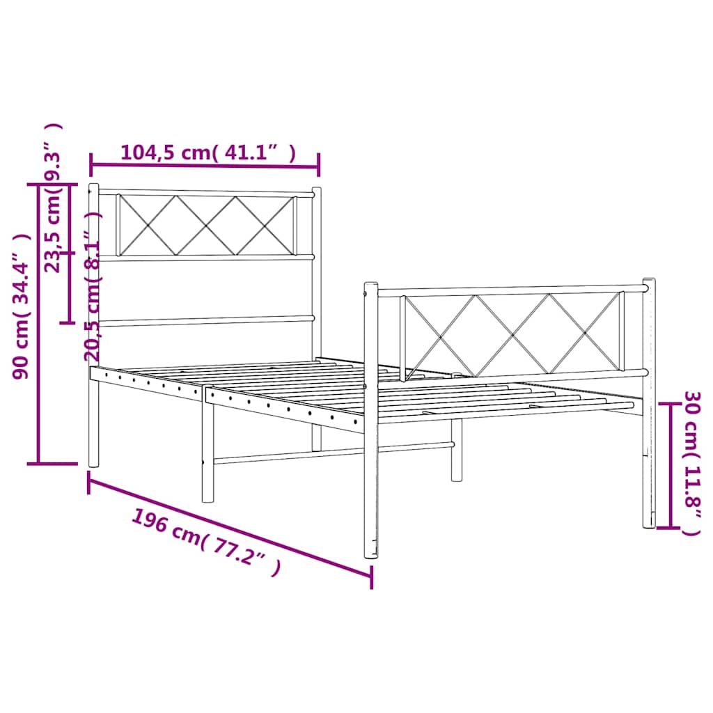 Metal Bed Frame without Mattress with Footboard White 100x190cm