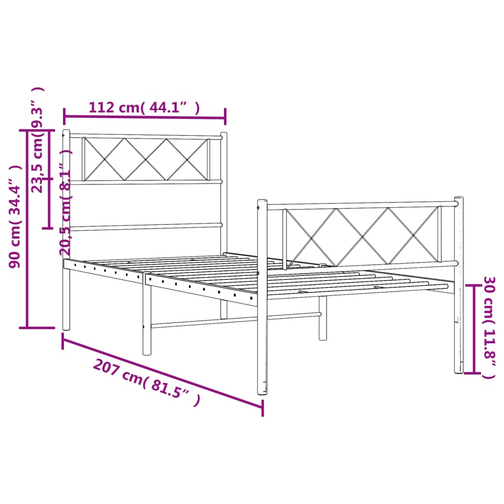 Metal Bed Frame without Mattress with Footboard White 107x203cm