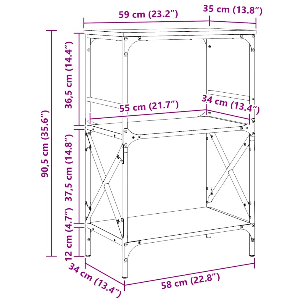 Bookcase 3-Tier Grey Sonoma 59x35x90.5 cm Engineered Wood
