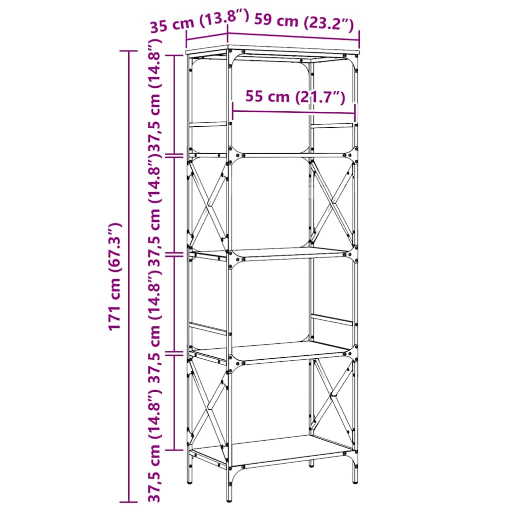 Bookcase 5-Tier Black 59x35x171 cm Engineered Wood